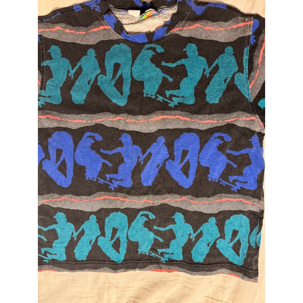 Vintage LA Gear 90s Skateboard All Over Print T-Shirt Black Blue Teal Large - Picture 4 of 6